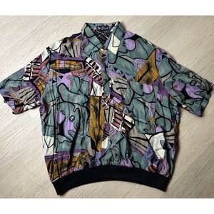 Vintage Alan Stuart Shirt Mens XL Abstract Geometric Silk Blend Bomber Banded